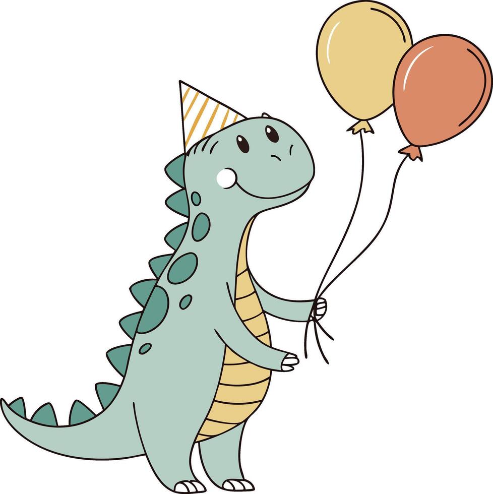 cute dinosaur with balloons and party hat celebrating birthday in cartoon style fun art vector