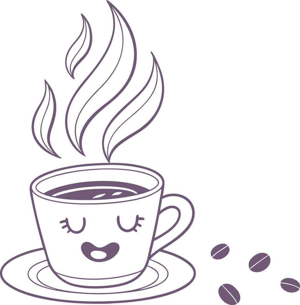 cute kawaii coffee cup with smile face and steam and coffee beans illustration vector