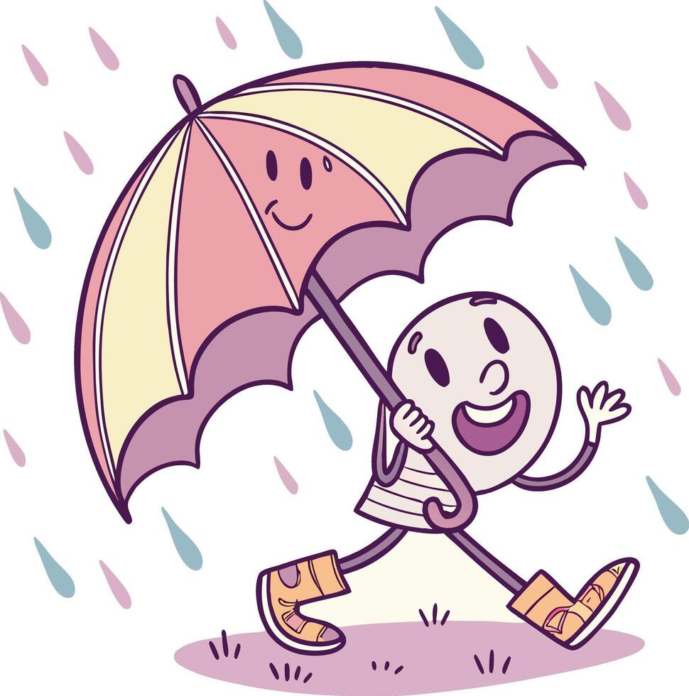 happy character holding umbrella walking in rain with smiling face and colorful drops vector