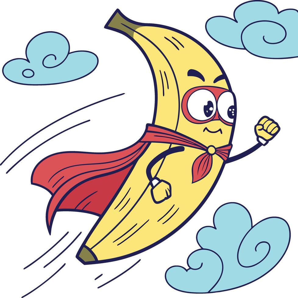 funny flying banana superhero cartoon fruit character with red cape and clouds sky vector