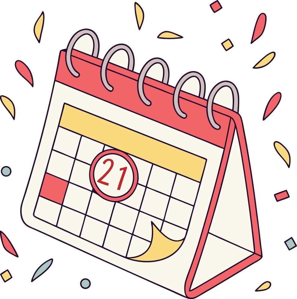 cute hand drawn desk calendar with marked date and confetti celebration design art vector