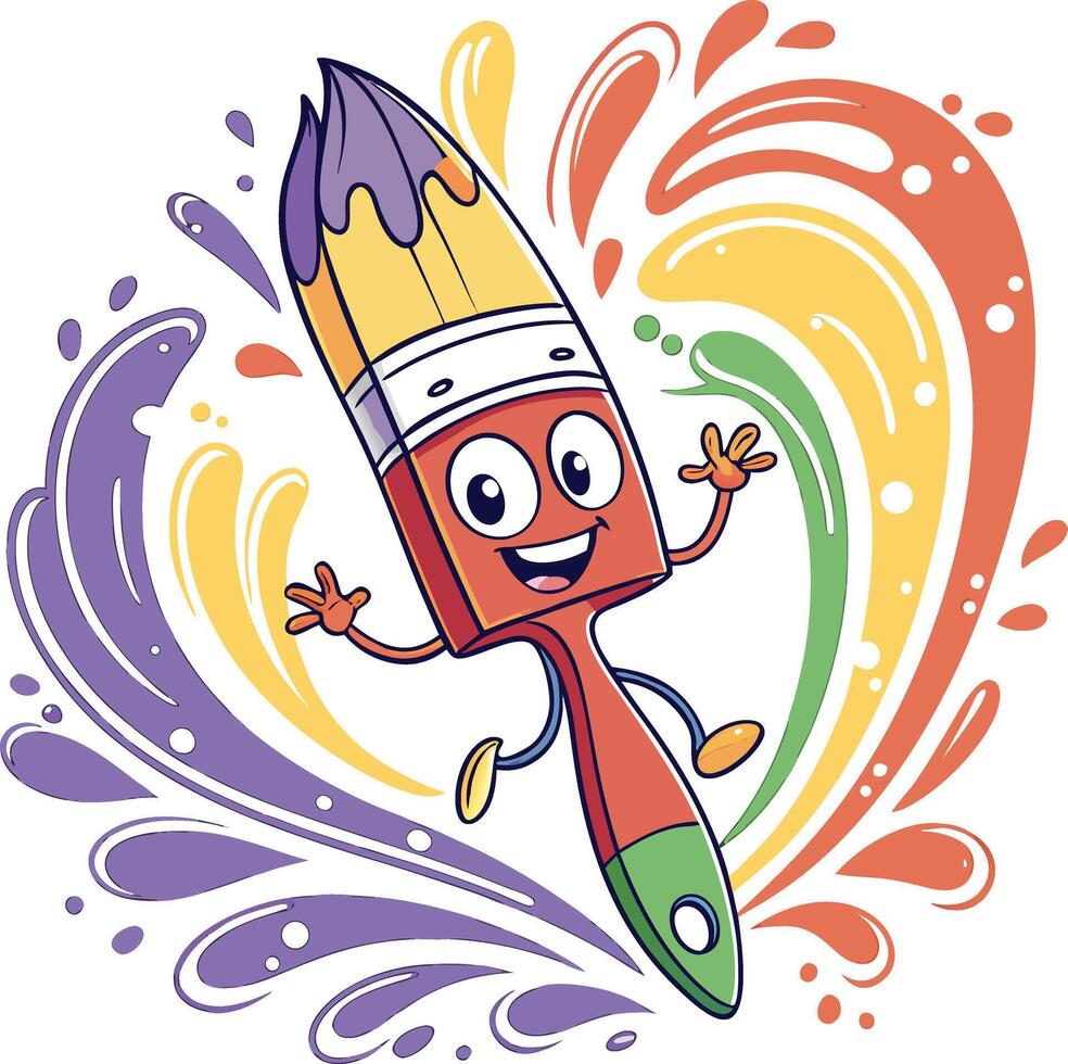 happy paintbrush character with rainbow splash design fun art and colorful concept vector