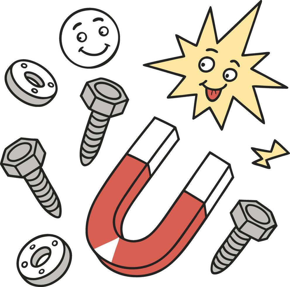 cartoon magnet attracting bolts and nuts with happy faces and funny comic expression vector