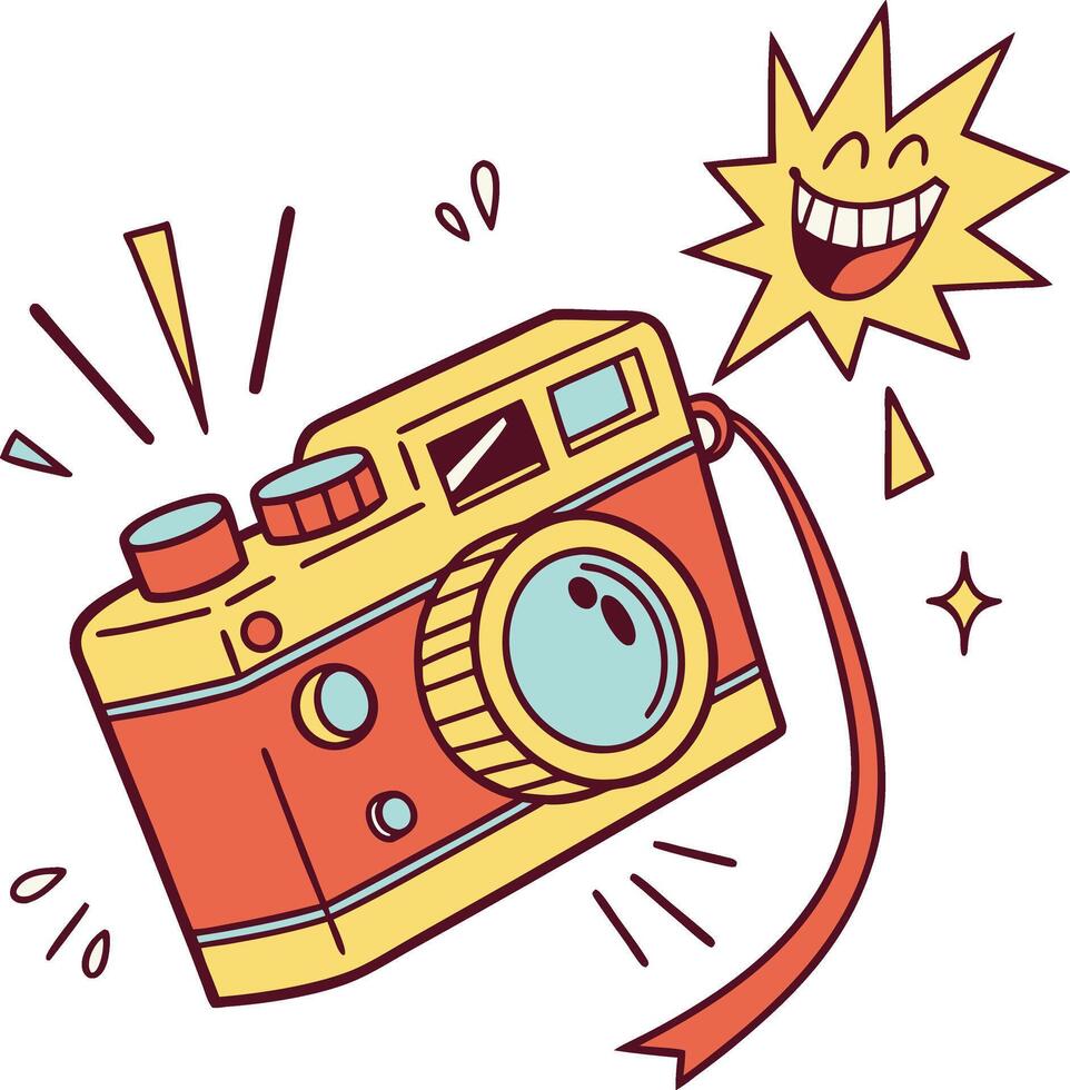 fun colorful cartoon camera with smiling sun and happy photography concept scene vector
