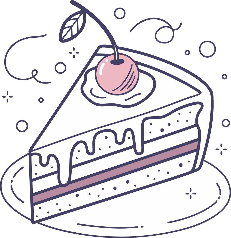 cartoon slice of cake with cherry and cream dessert sweet bakery food illustration vector