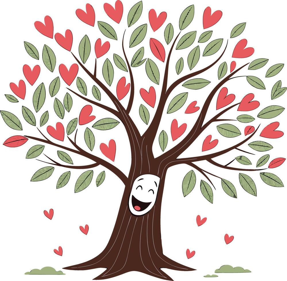happy tree with heart leaves smiling face cartoon nature love environment cute vector