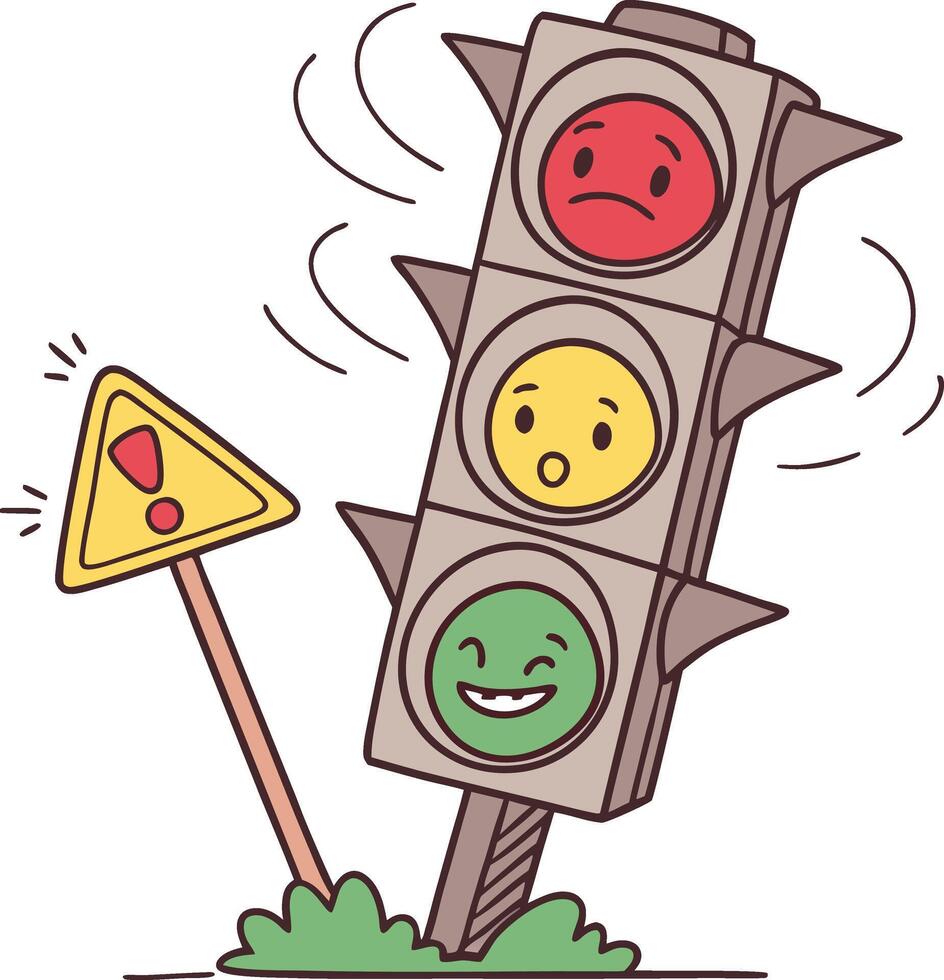 funny traffic light with emotions leaning and warning sign on road vector