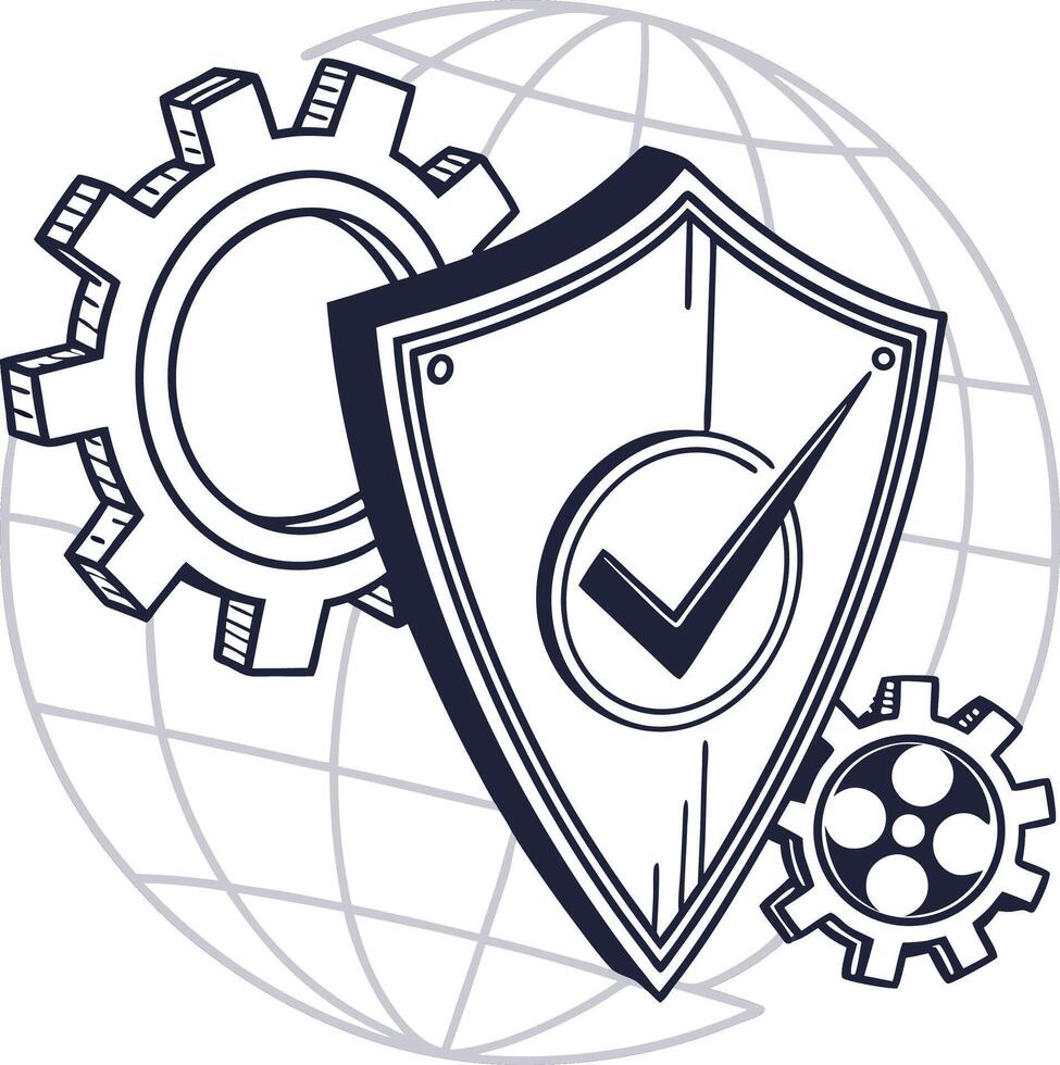 shield with check mark gear and globe symbol of protection security system setting vector