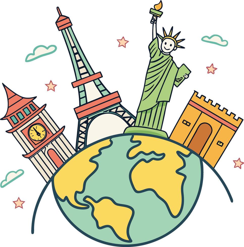 famous world landmarks travel concept with globe and iconic monuments for tourism vector
