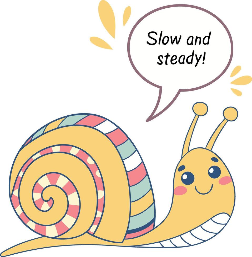 cute snail cartoon character with colorful shell and message slow and steady illustration vector