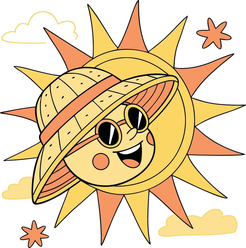 happy sun character wearing hat and sunglasses smiling in sky with clouds and stars vector