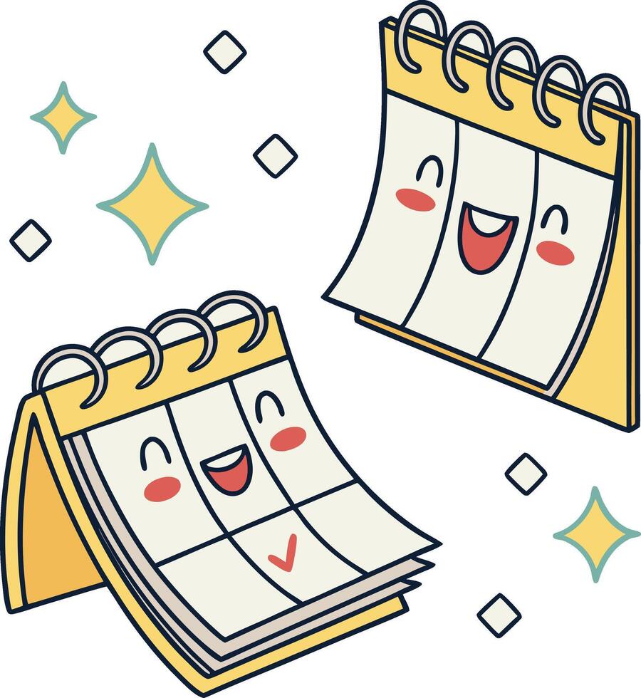 cute happy calendar cartoon illustration smiling planner pages with cheerful faces vector