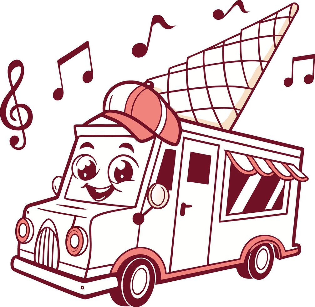 cute ice cream truck cartoon with smiling face music notes and big cone on top fun vector