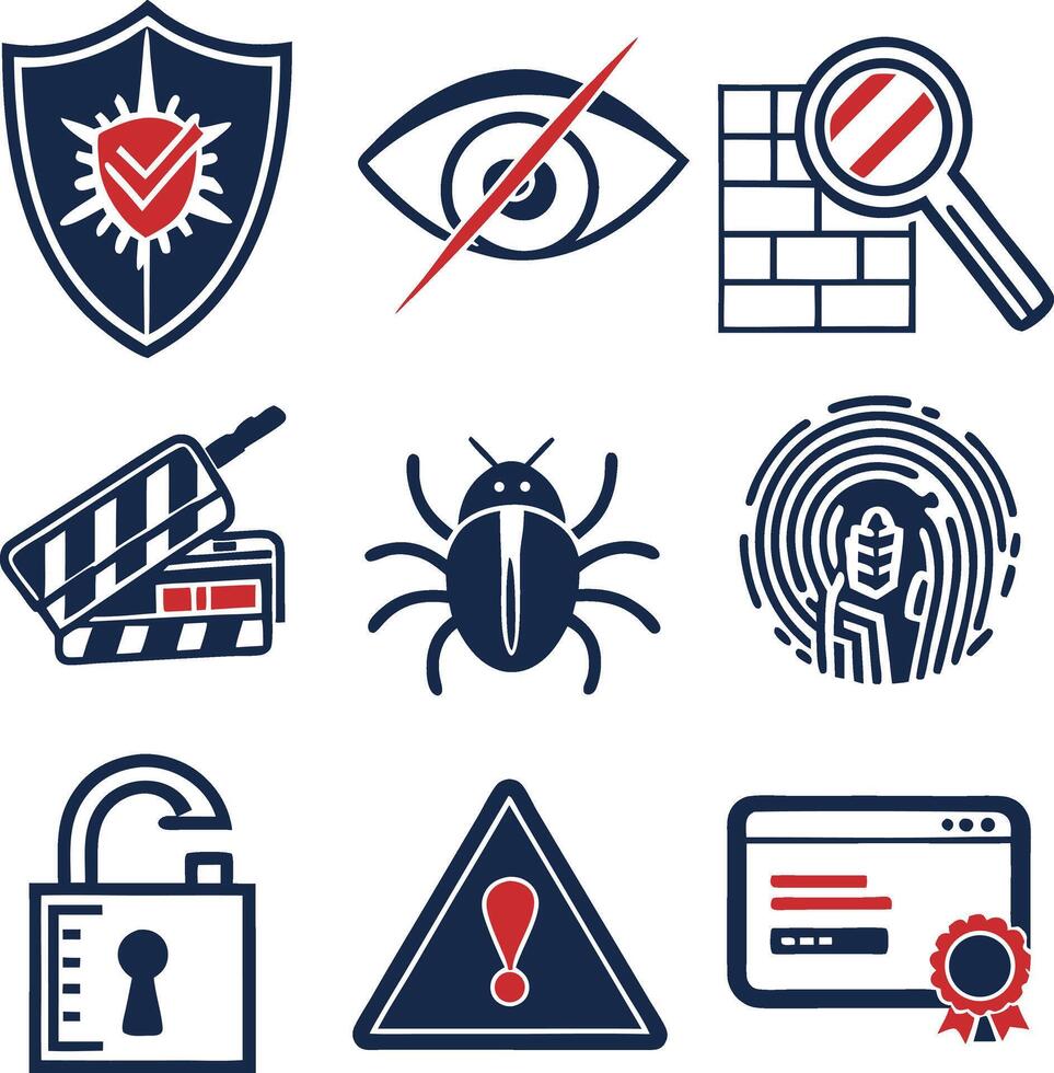cyber security icons set with bug fingerprint firewall password and alert symbol pack vector