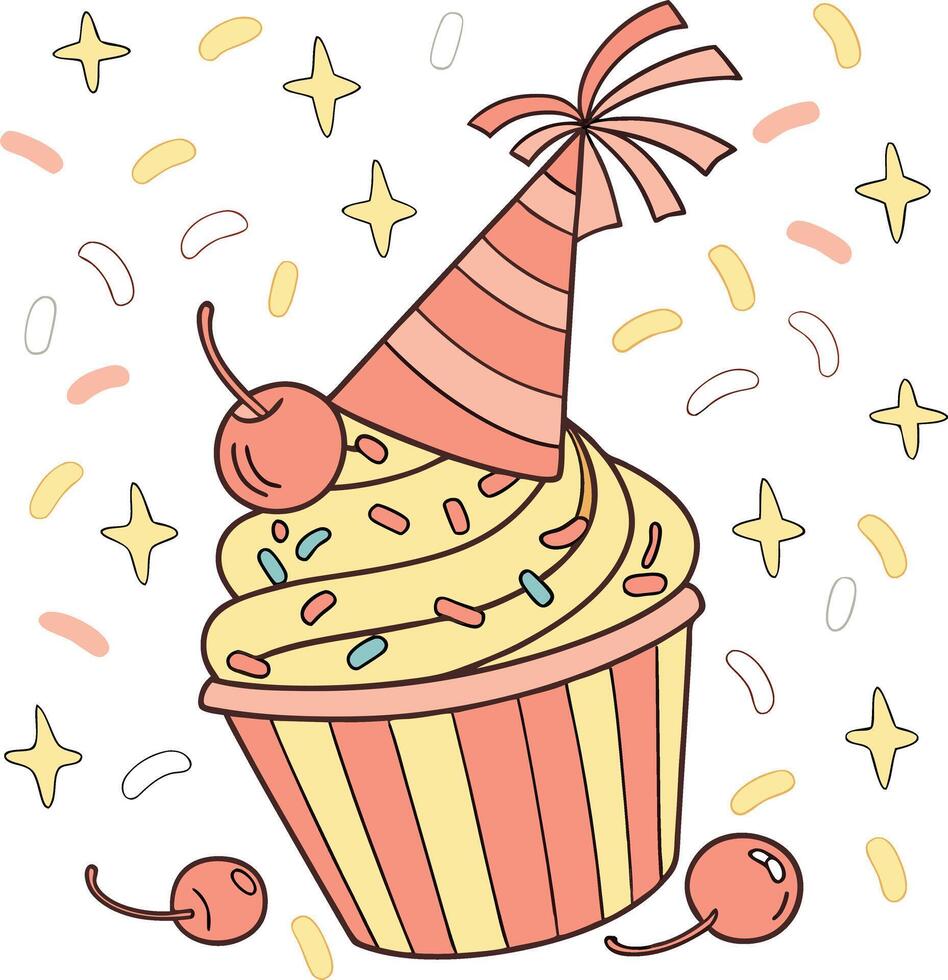 cute cupcake with party hat and cherry topping with colorful sprinkles for celebration vector