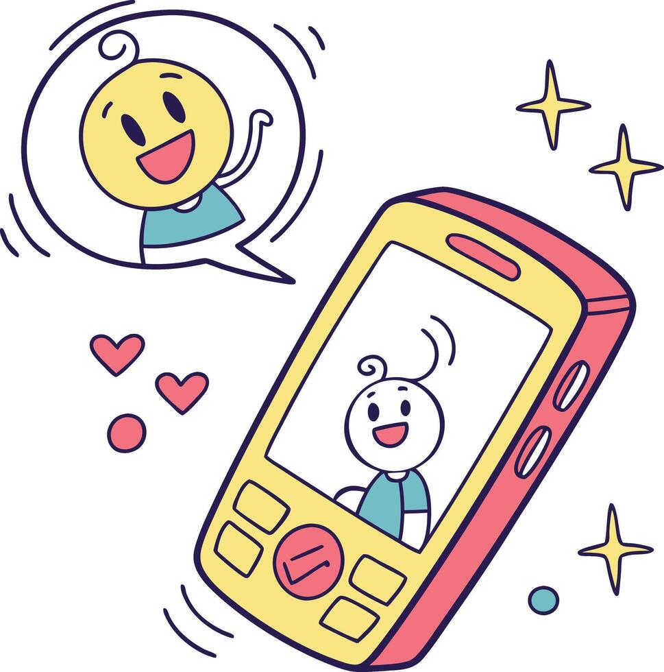 happy cartoon character talking on mobile phone communication technology illustration vector