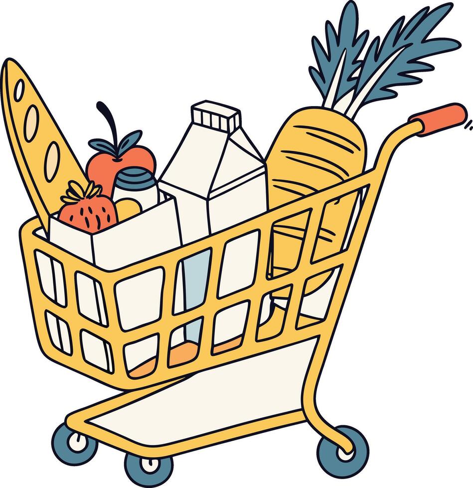 shopping cart full of groceries food and drink with bread milk fruit and carrot vector