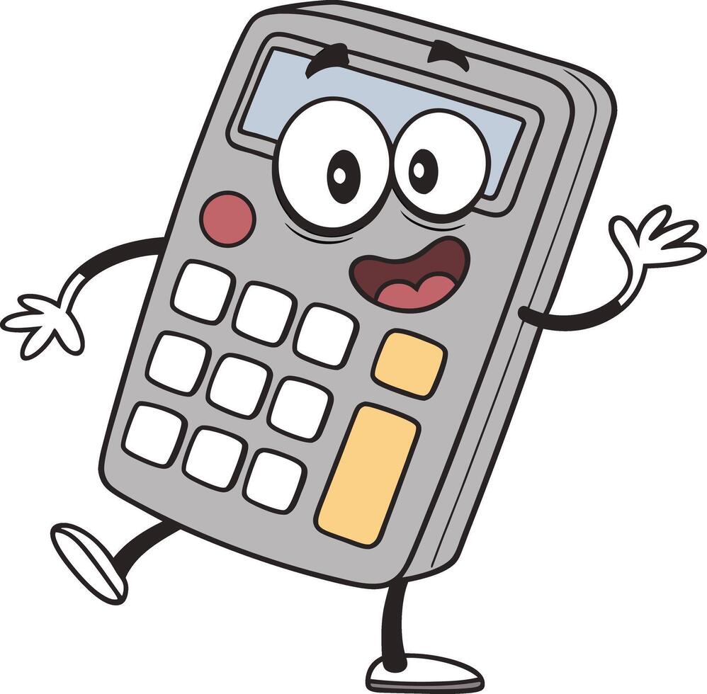 fun cartoon calculator character smiling and walking with happy expression and eyes vector