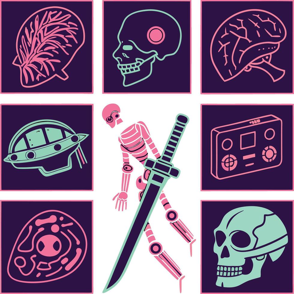 futuristic skeleton robot with sword and skulls brains and science fiction elements vector