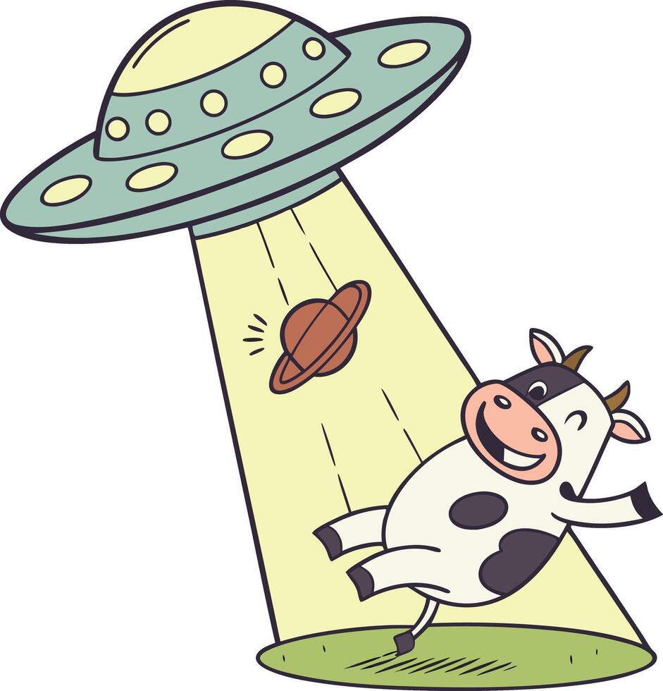 funny cow flying in ufo spaceship with beam light and planet in space cartoon style vector
