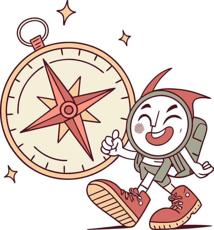 happy cartoon compass character walking with backpack and shoes exploring map vector