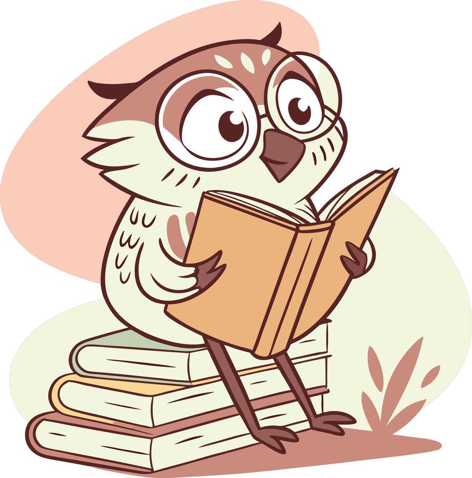cute owl with glasses reading book while sitting on stack of books cartoon style vector