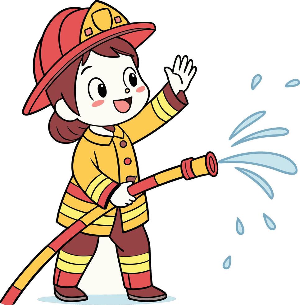 cartoon firefighter girl spraying water from hose in uniform happy kids illustration vector