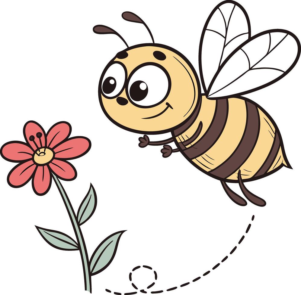 cute cartoon bee flying to flower with smiling face and spring nature illustration vector