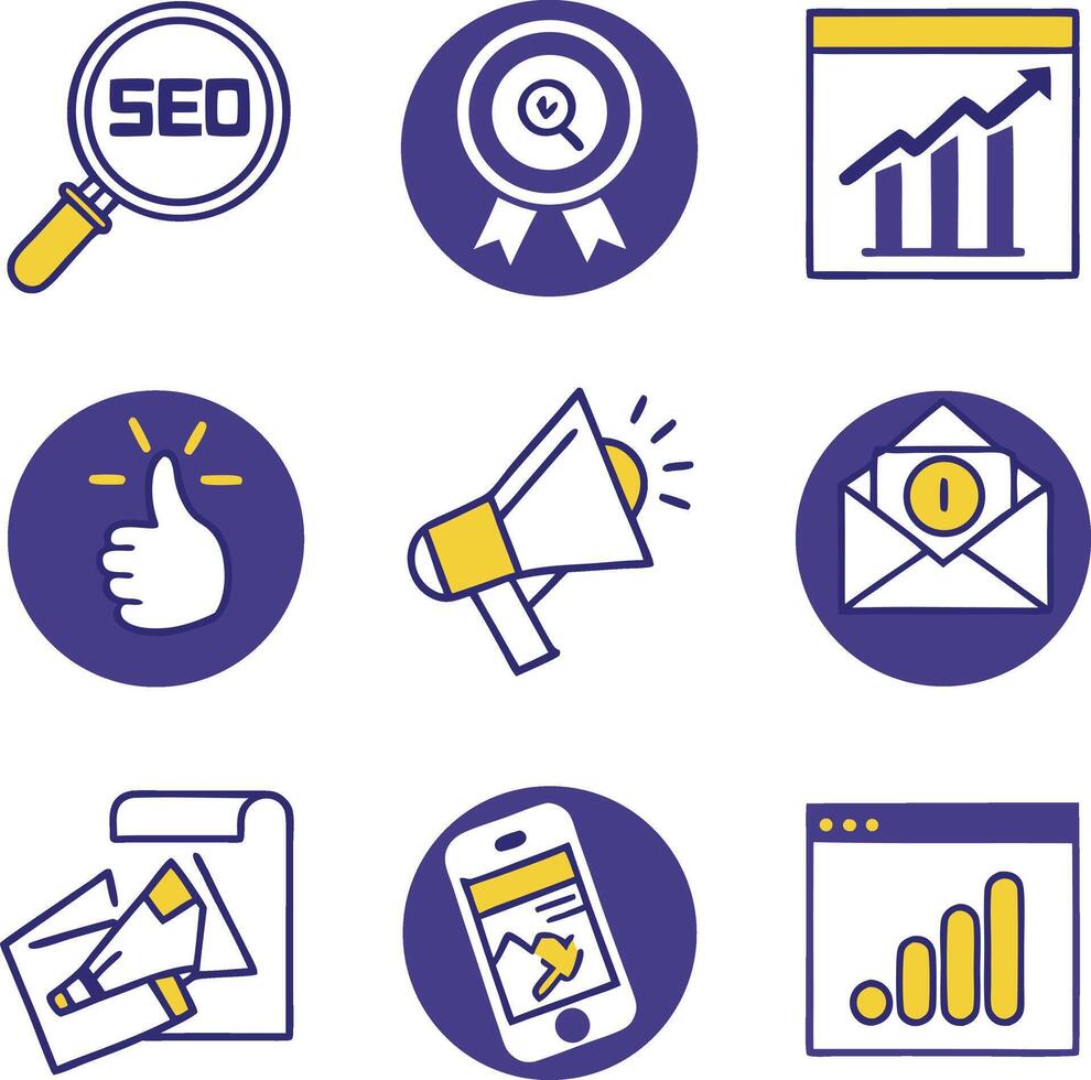 digital marketing icons set with seo email mobile graph megaphone and thumbs up vector