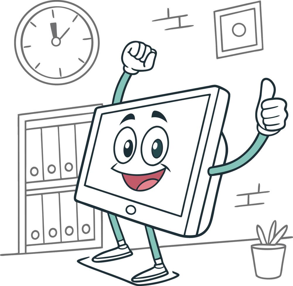 happy cartoon computer character in office with smiling face and positive gesture vector