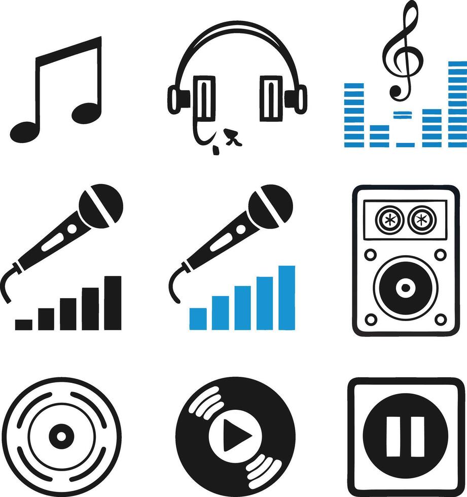 music icons collection with microphone speaker headphone note and audio control set vector