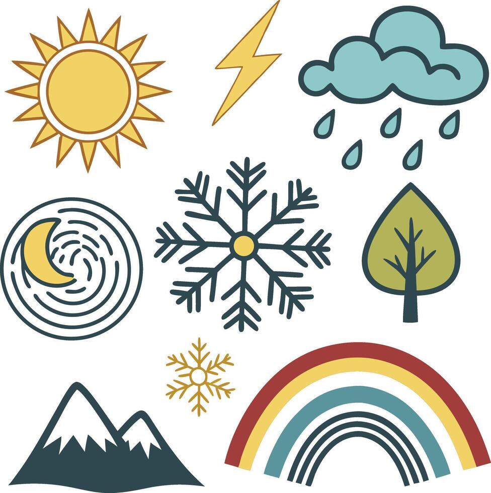 weather icons sun moon cloud snowflake rainbow tree and mountain elements set vector