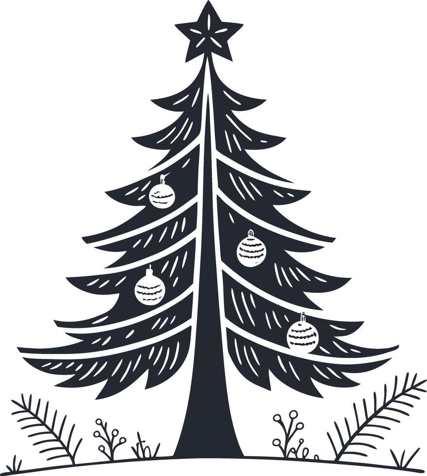 decorated christmas tree with ornaments and star in winter holiday festive season vector