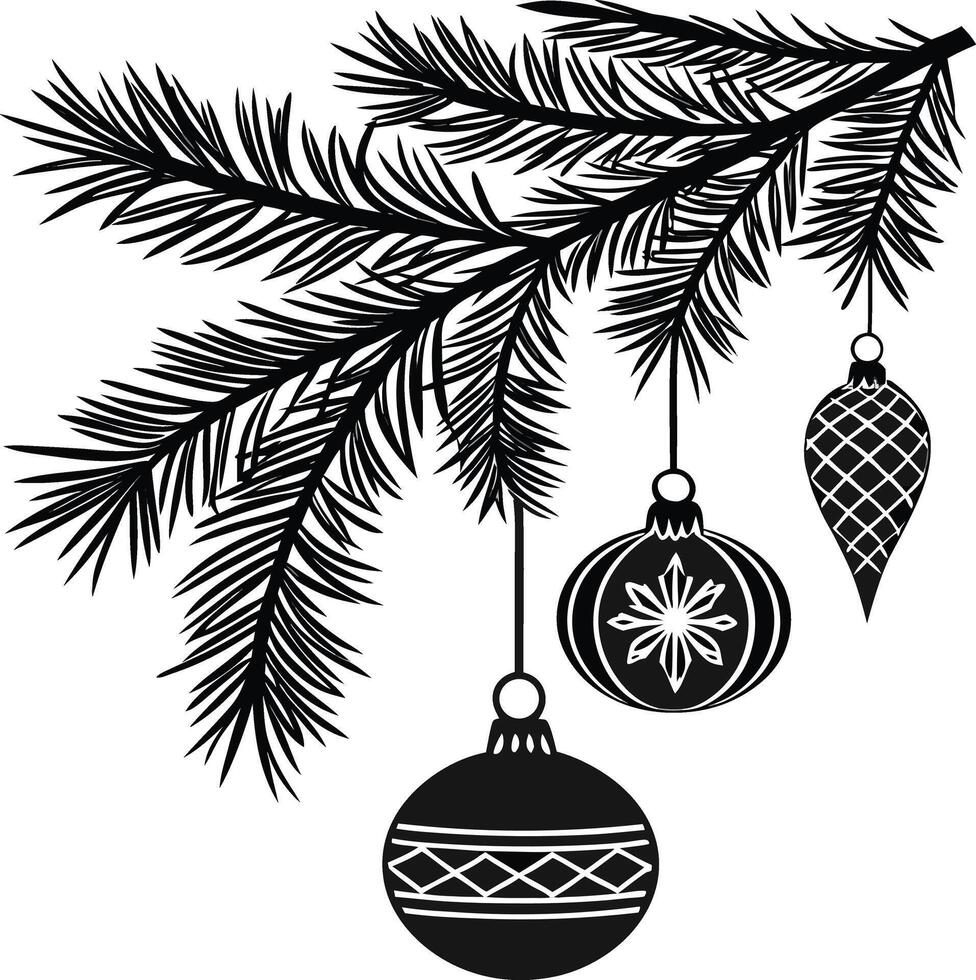 christmas tree branch with hanging ornaments and festive baubles decoration vector