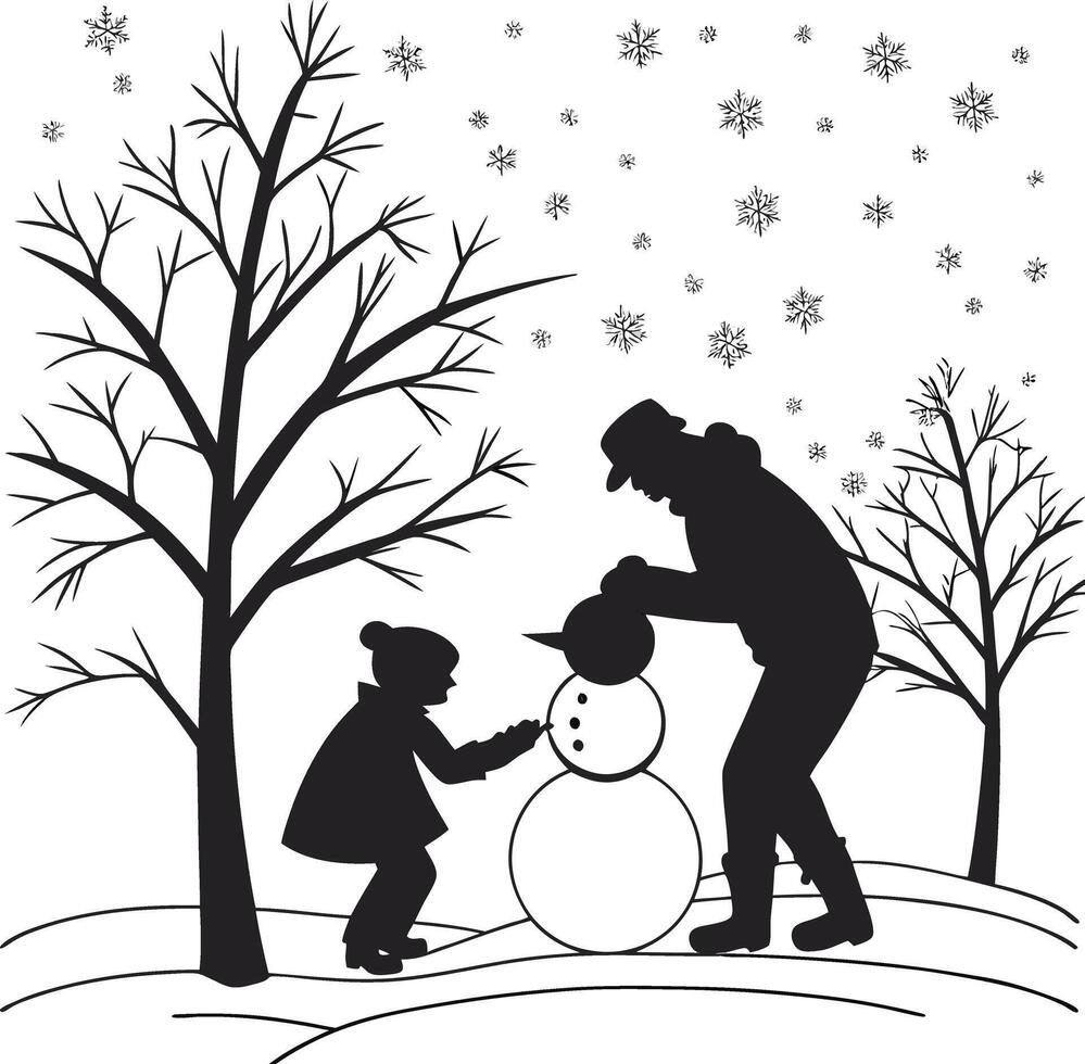 father and daughter making snowman in snowy park during winter season with snowflakes vector