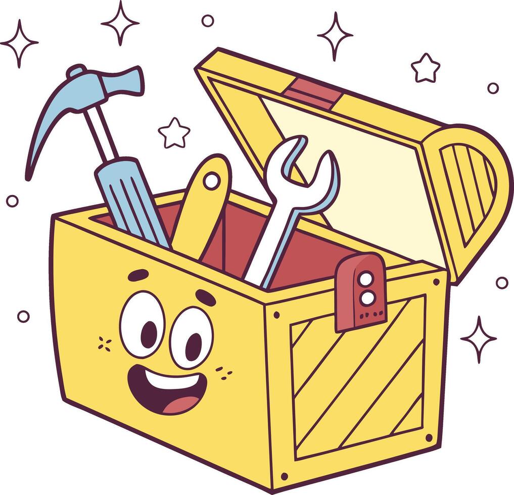 cute happy toolbox with face and tools like hammer wrench and ruler cartoon style vector