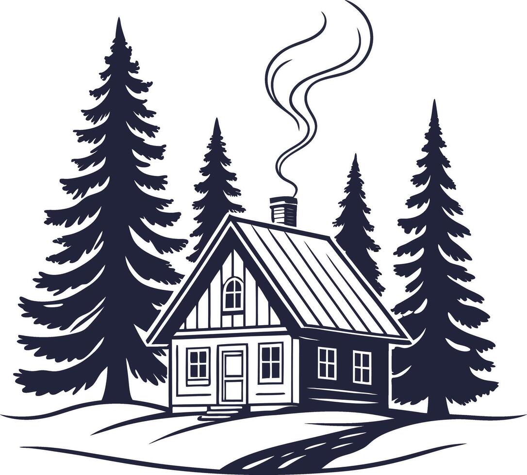 cabin in forest with smoke from chimney and pine trees in winter countryside scene vector