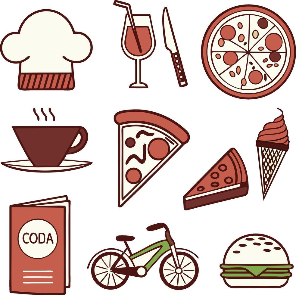 food and drink icons set with pizza burger ice cream coffee and bicycle elements vector
