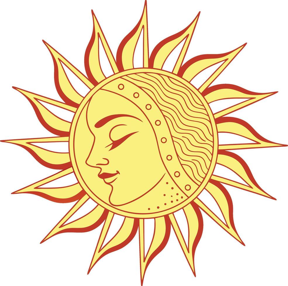 sun face art with decorative rays and serene expression in warm yellow tones vector