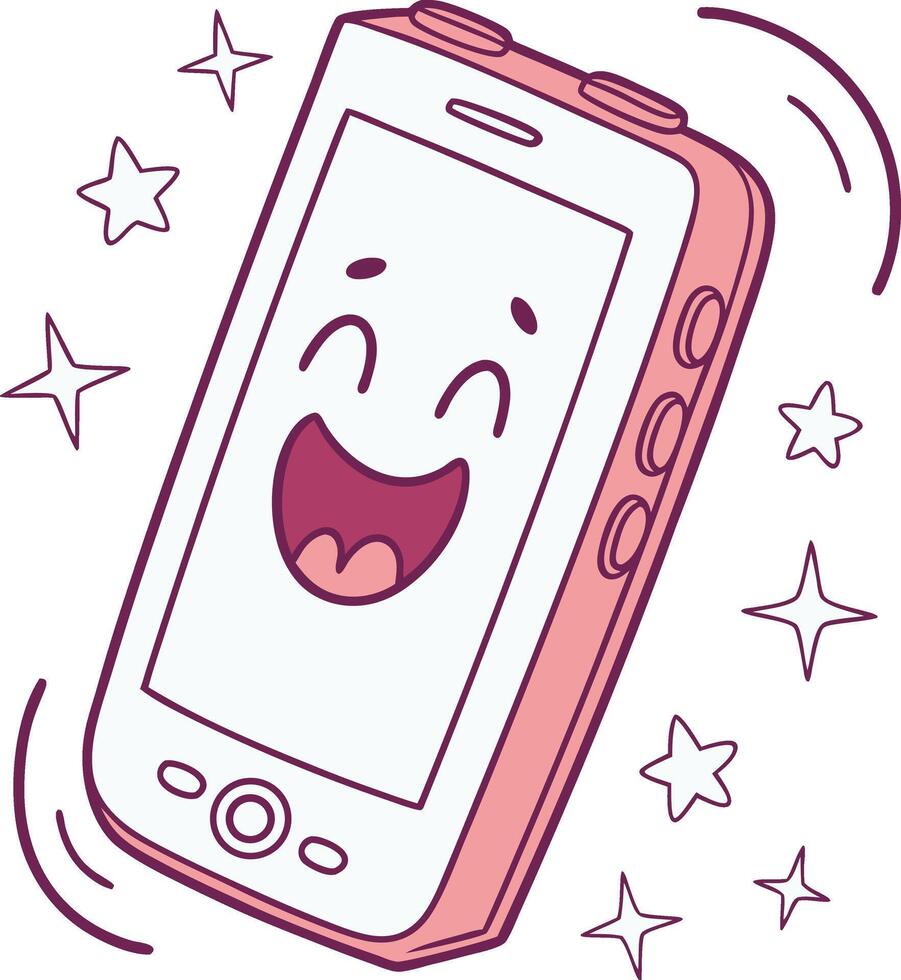 cute happy smartphone character with smiling face and stars around mobile phone icon vector