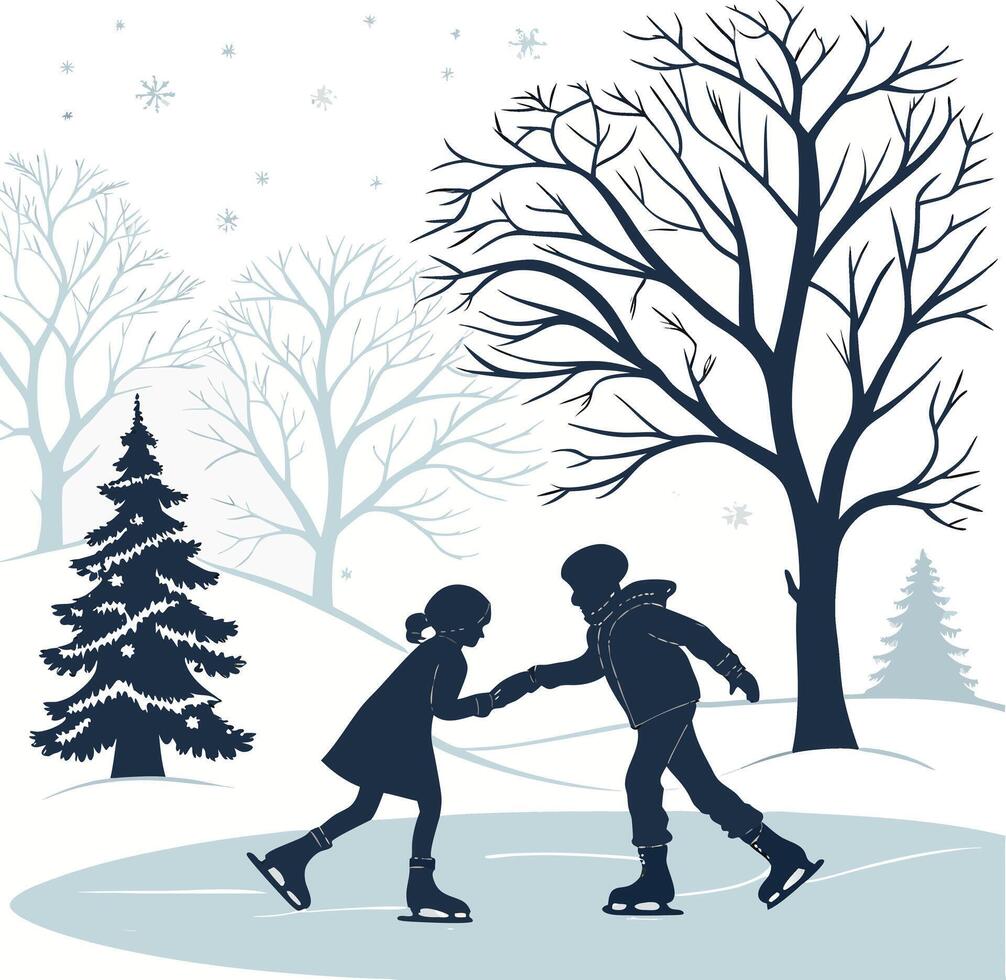 couple ice skating in winter park with snow trees and snowflakes in cold season vector