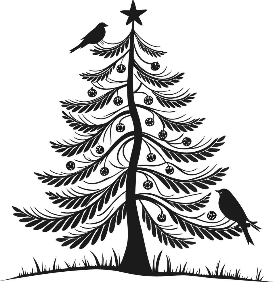 christmas tree with birds and hanging baubles on branches in winter holiday scene vector