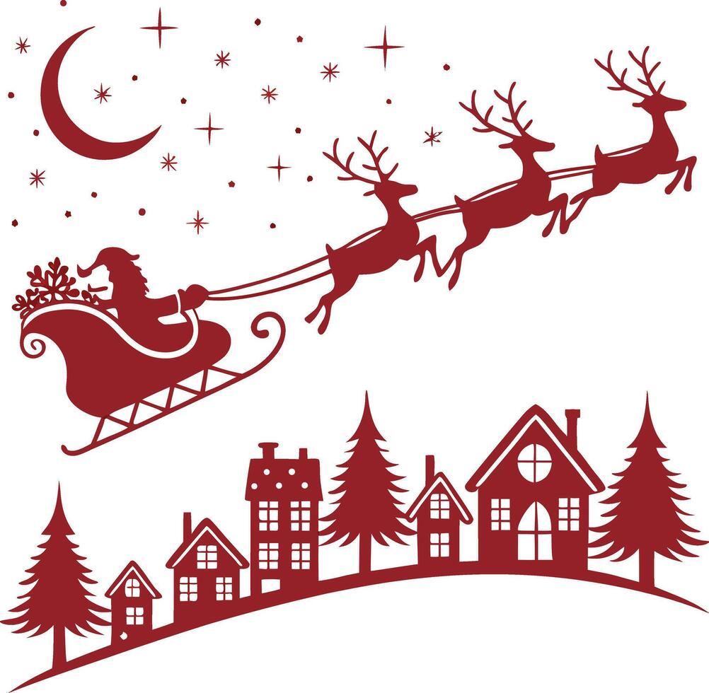 santa sleigh flying over village with reindeer under night sky with moon and stars vector
