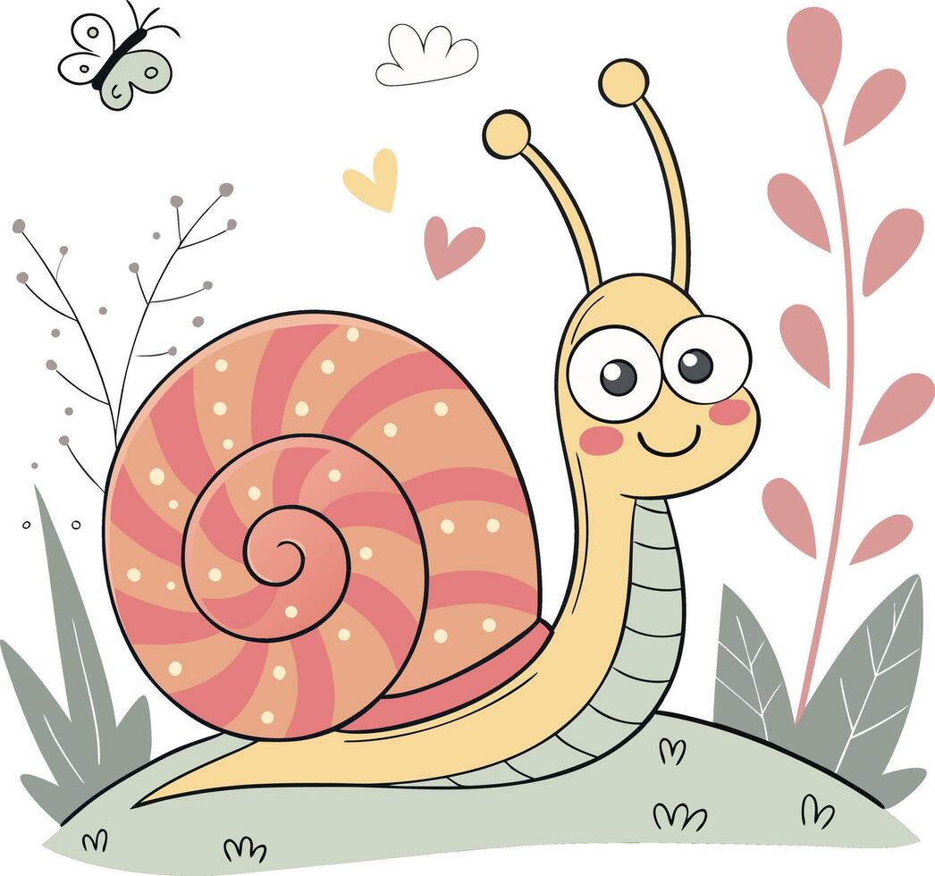 cute cartoon snail on grass with butterfly and hearts in spring garden background vector