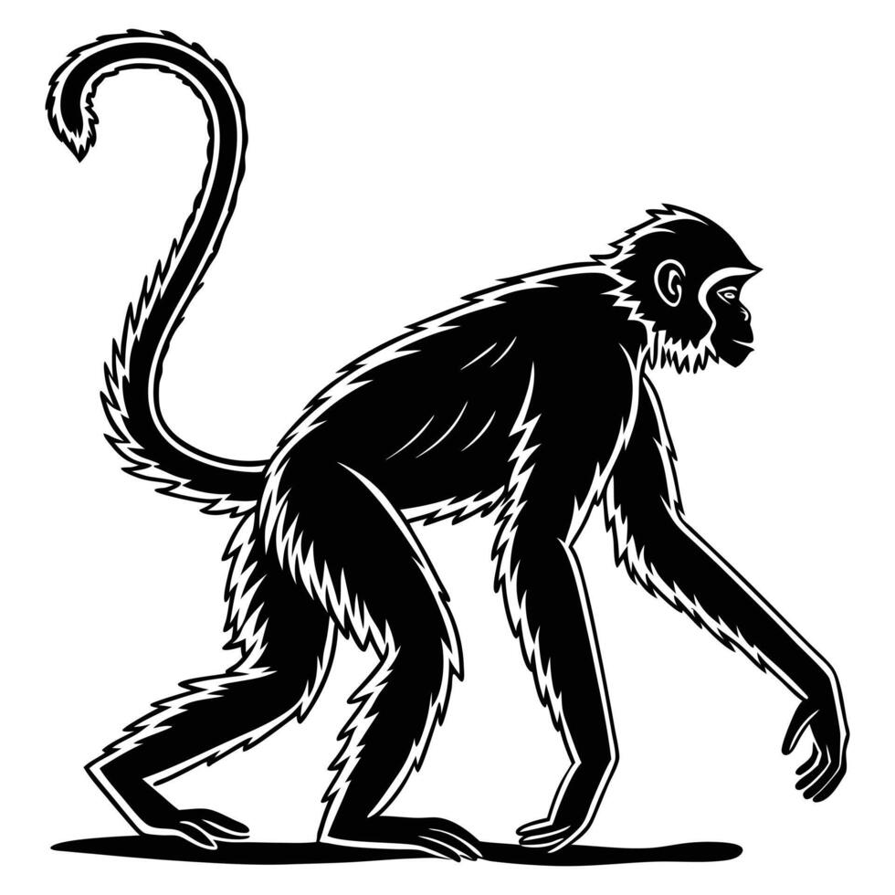 Baby pileated gibbon with black fur sitting on a tree in nature, looking cute and funny vector