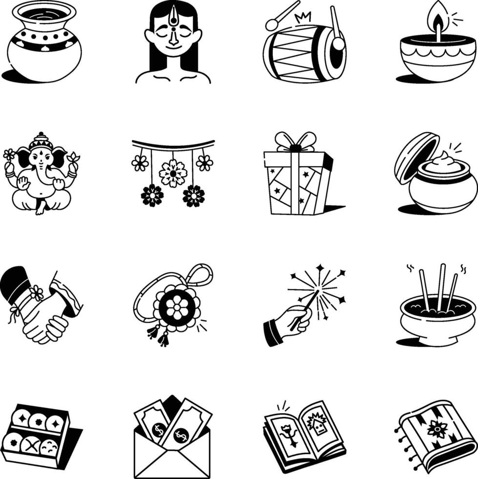 Set of 16 Rakhi Tradition Doodle Style Icons vector
