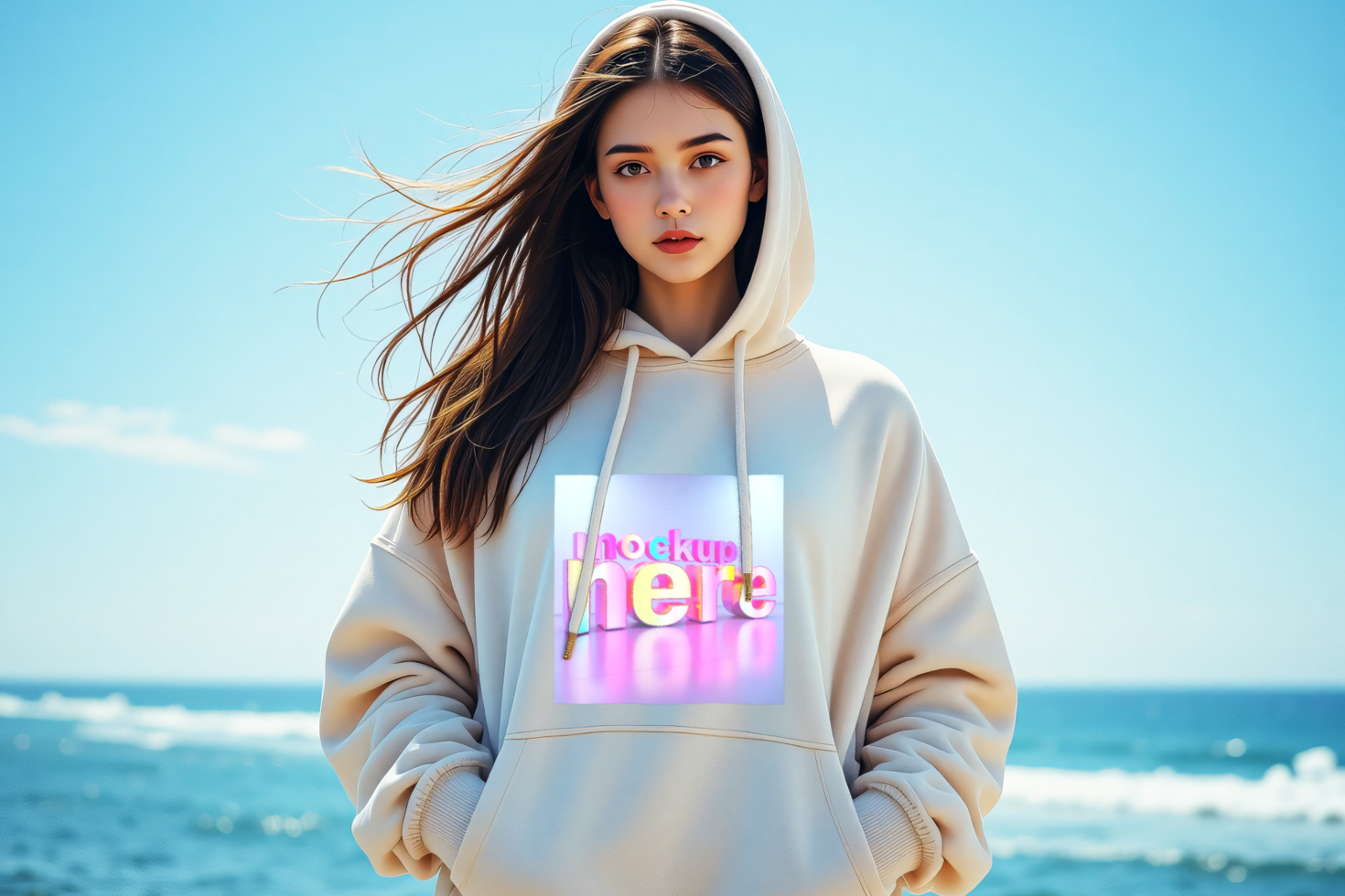 Teenage Girl In A Beige Hoodie By The Ocean, Hoodie Mockup psd