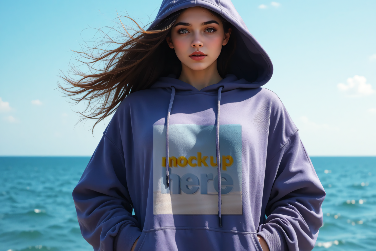 Stylish Teen Girl in a Lavender Hoodie by the Ocean, Hoodie Mockup psd