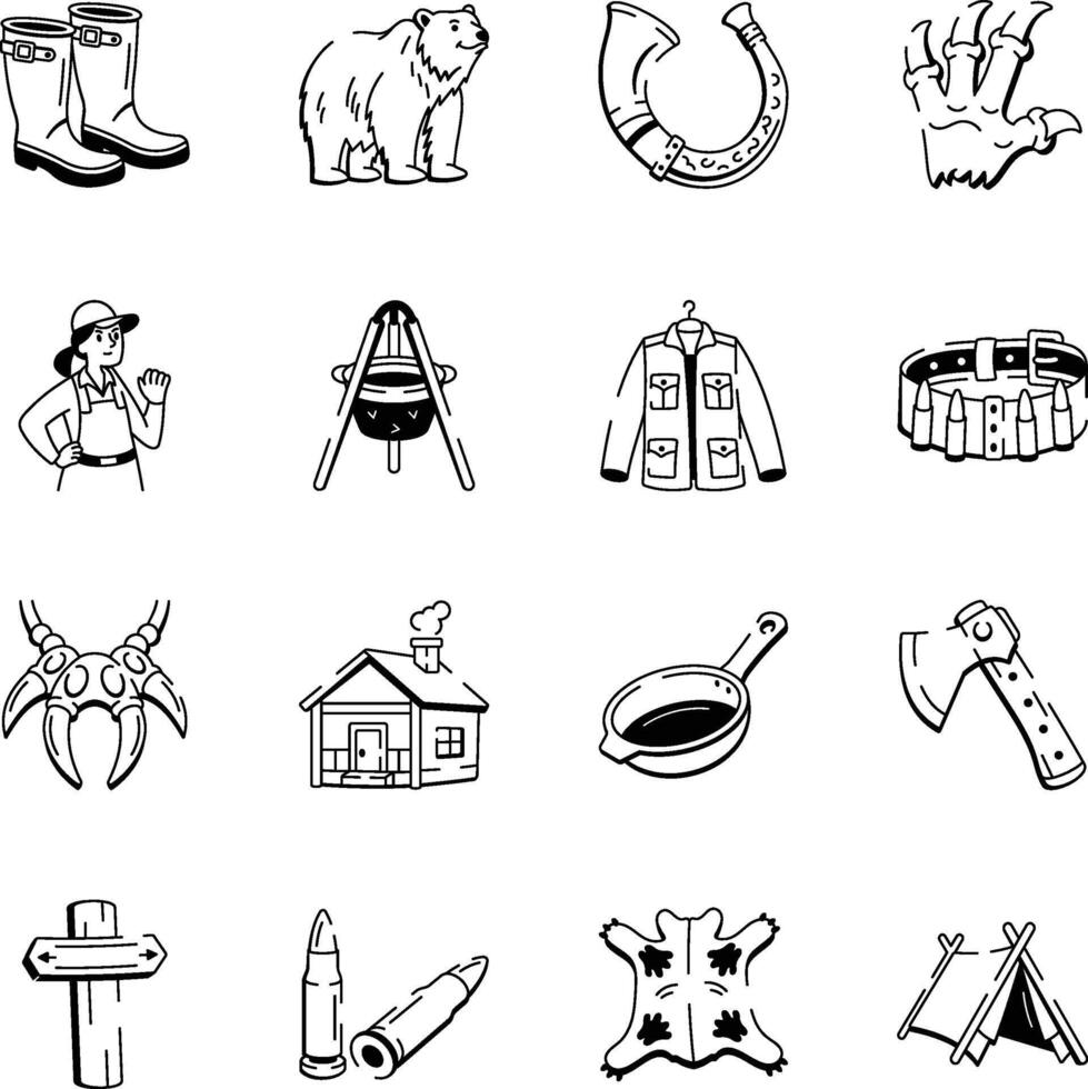 Set of 16 Bushcraft Sketchy Style Icons vector