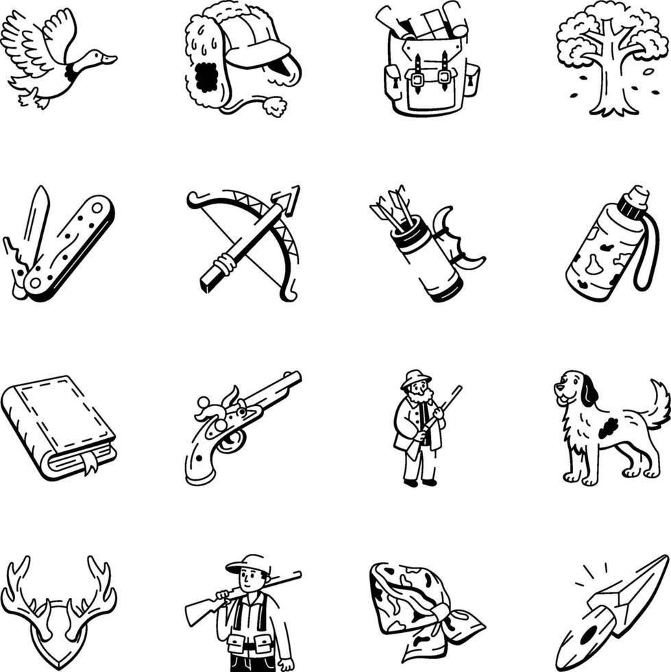 Set of Hunting Tools Hand Drawn Style Icons vector